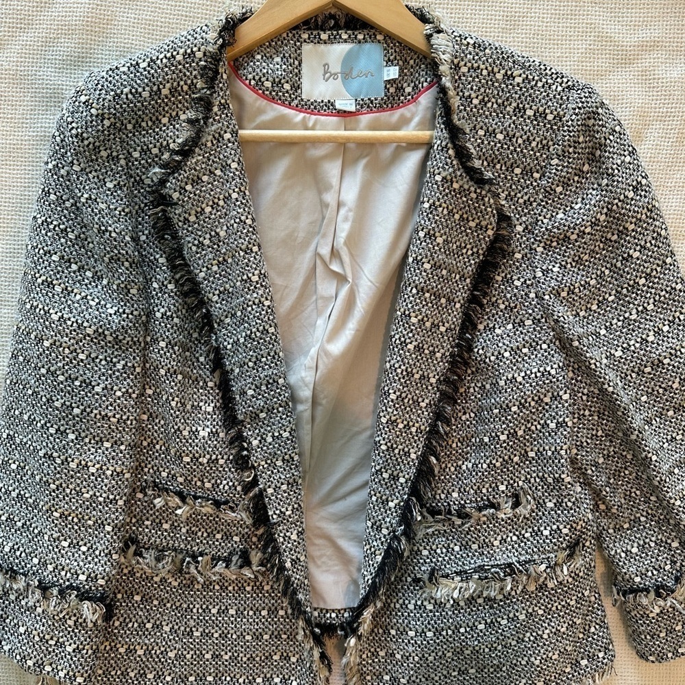 Boden Black and White Tweed Blazer with fringe detail